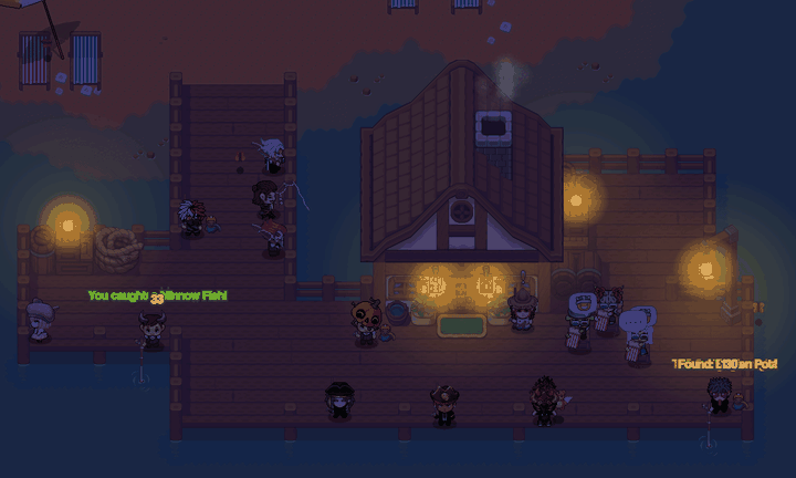Players fishing together on the docks in Avalonia